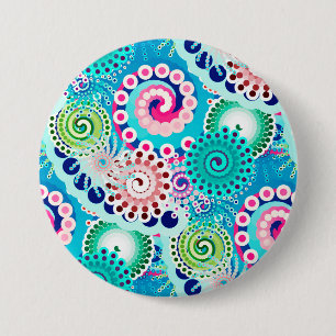 Fractale spiraalpatroon, turquoise, roze, multi ronde button 7,6 cm