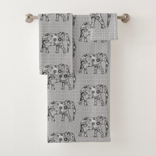 Fractale wervelolifant, grijs, zwart en wit bad handdoek (Insitu)