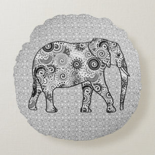 Fractale wervelolifant - grijs, zwart en wit rond kussen