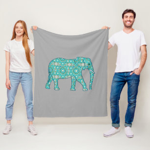 Fractale wervelolifant, turkooizen, grijs en wit fleece deken