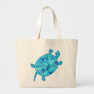 Fractale wervelschildpad - kobalt en turkooisblauw grote tote bag