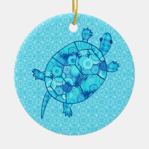 Fractale wervelschildpad - kobalt en turkooisblauw keramisch ornament