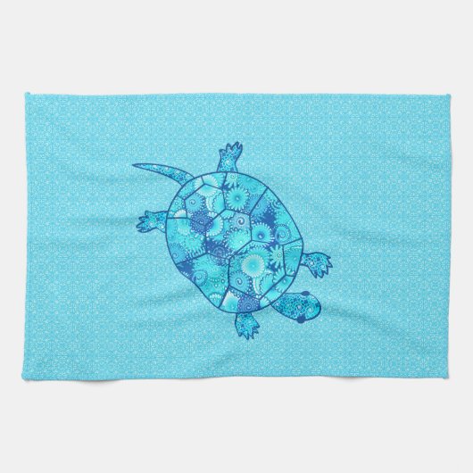 Fractale wervelschildpad - kobalt en turkooisblauw theedoek (Horizontaal)
