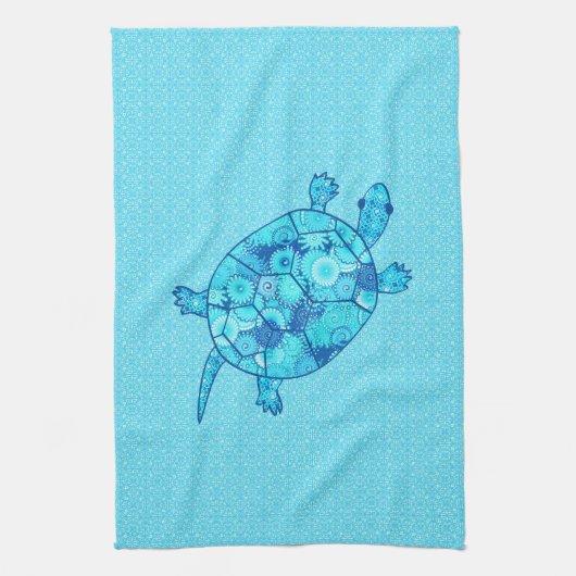 Fractale wervelschildpad - kobalt en turkooisblauw theedoek (Verticaal)