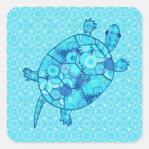 Fractale wervelschildpad - kobalt en turkooisblauw vierkante sticker