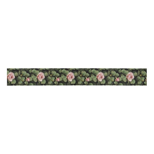 Fragile rozen. Floral patroon op zwart Grosgrain Lint (Voorkant)