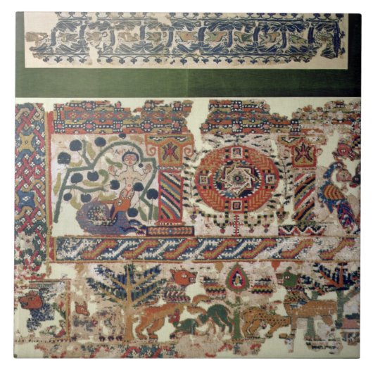 Fragment van textiel waarin Jonah en de walvis wor Tegeltje (Voorkant)