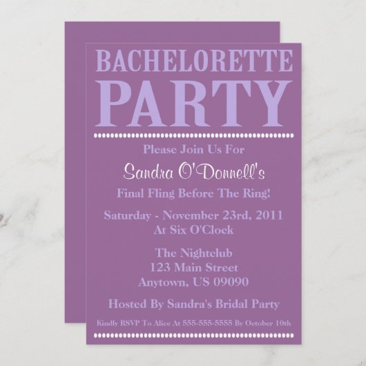 Fraîcheur Bachelorette Invitations Violet/Purple (Devant / Derrière)