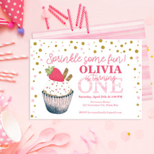 Fraise 1er Anniversaire Invitation - Rose doux "B