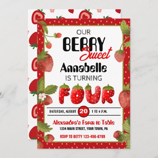Fraise 4e anniversaire de fête Invitation (Devant / Derrière)