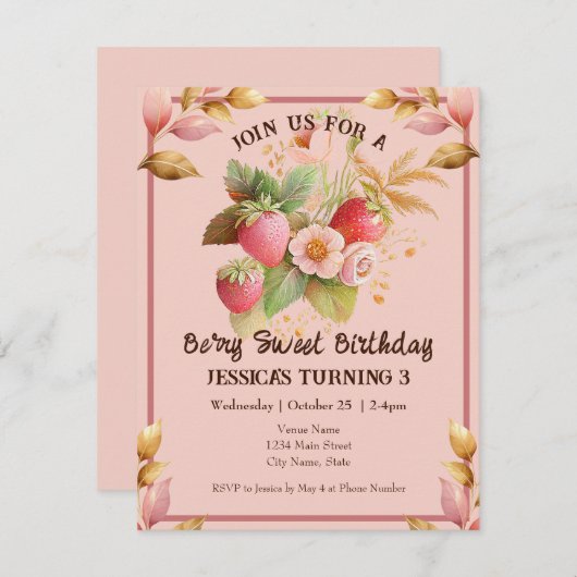 Fraise Anniversaire Boho Pink Invitation (Devant / Derrière)