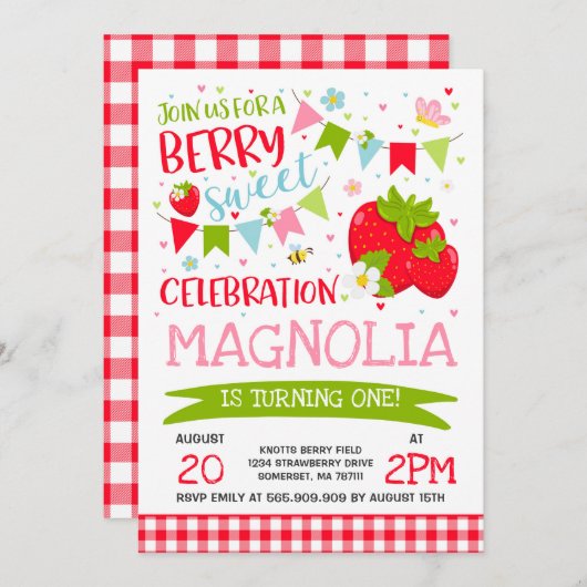 Fraise Anniversaire Invitation Berry Sweet Party (Devant / Derrière)