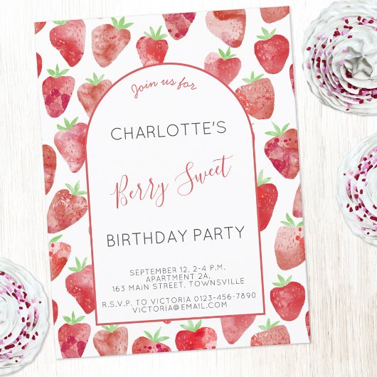 Fraise Aquarelle Anniversaire Fête Invitation