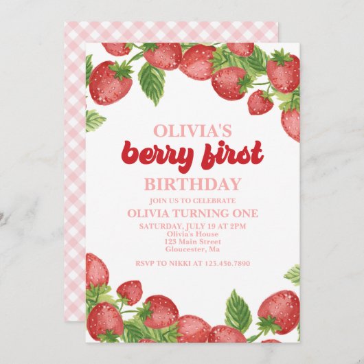 Fraise Berry Invitation d'un premier anniversaire (Devant / Derrière)