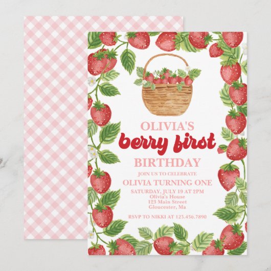 Fraise Berry Invitation d'un premier anniversaire (Devant / Derrière)