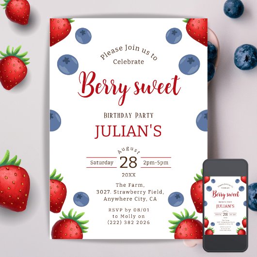 Fraise Blueberry Girl Anniversaire Carte d'invitat