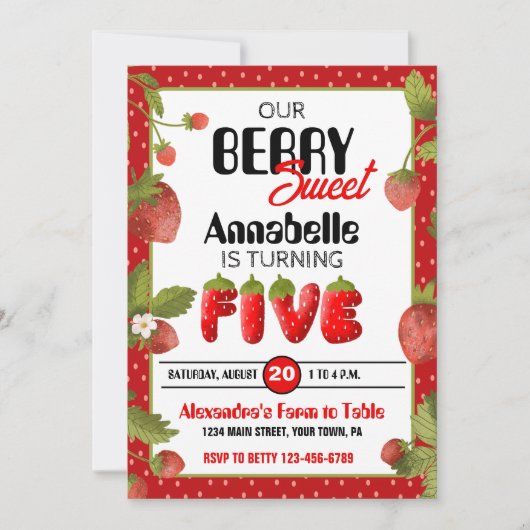 Fraise Cinq Anniversaire Fête Invitation (Devant)
