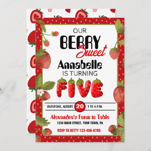 Fraise Cinq Anniversaire Fête Invitation (Devant / Derrière)