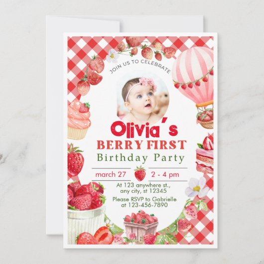 Fraise First Berry 1er Anniversaire Invitation (Devant)