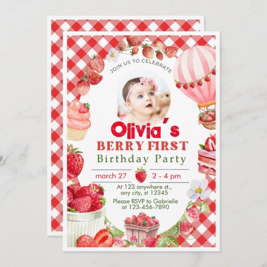Fraise First Berry 1er Anniversaire Invitation (Devant / Derrière)