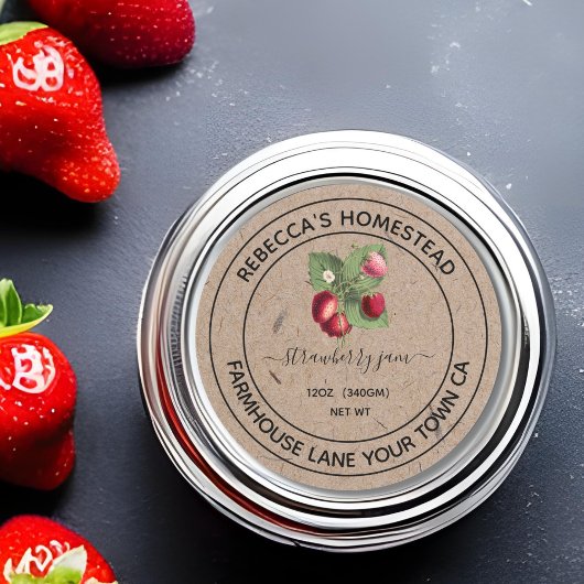 Fraise Jam Kraft Papier Canne Jar Étiquette