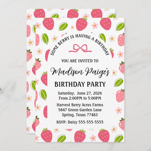 Fraise mignonne Filles roses Invitation Anniversai (Devant / Derrière)