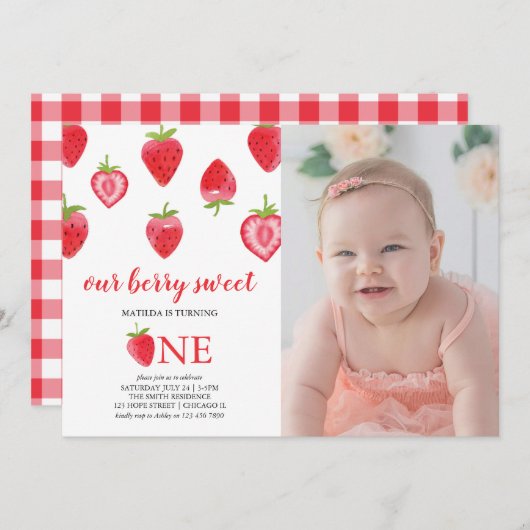 Fraise Premier anniversaire fille photo Invitation (Devant / Derrière)