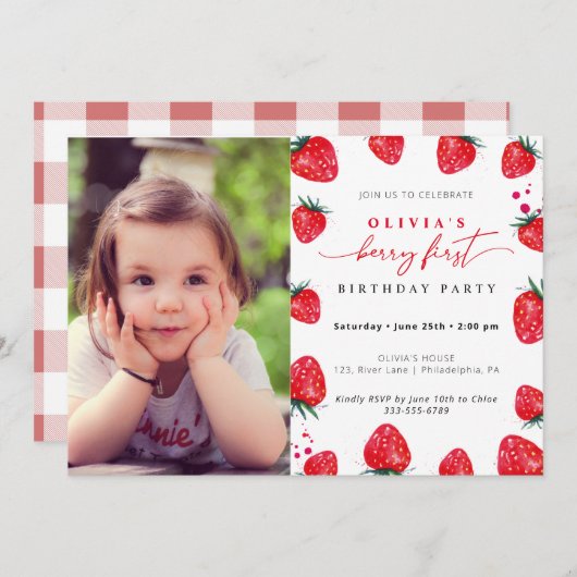 Fraise Premier anniversaire Invitation photo (Devant / Derrière)
