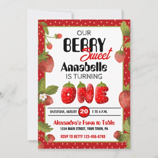 Fraise première fête d'anniversaire Invitation (Devant)