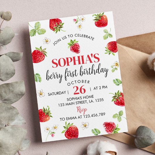 Fraise première invitation anniversaire Berry Swee