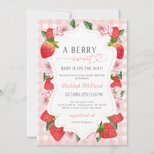 Fraise rose En vichy fille Invitation Baby shower (Devant)