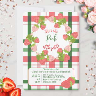 Fraise rose Vert Plaid Invitation Anniversaire