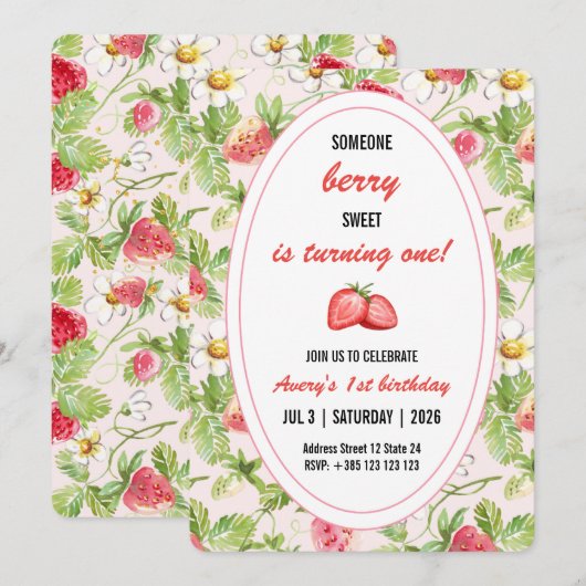 Fraises Élégante fête d'anniversaire Invitation (Devant / Derrière)