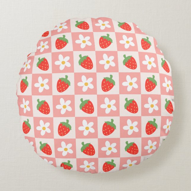 Fraises et fleurs sucrées Coussin rond (Devant)