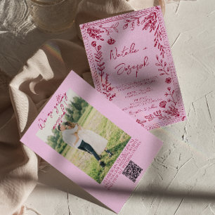Framboos Roze QR Code Getekende Bloem Foto Bruilof Kaart