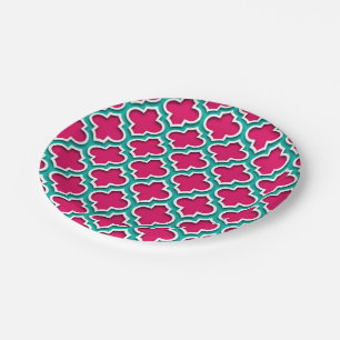 Frambozen Blauwgroen wit Marokkaans Quatrefoil #5D Papieren Bordje