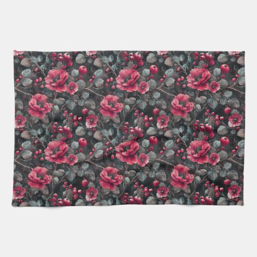 Frambozen, bordeaux bloemen op donkergrijs theedoek (Horizontaal)