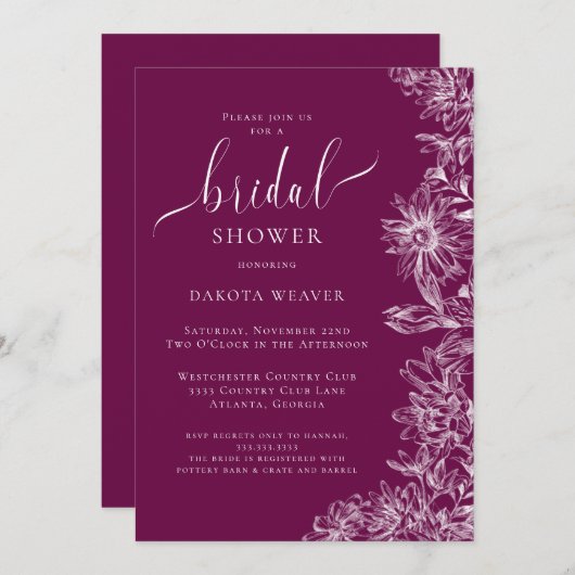 Frambozenwijn Lijn Getekende Bloem Bruiloft Kaart (Voorkant / Achterkant)