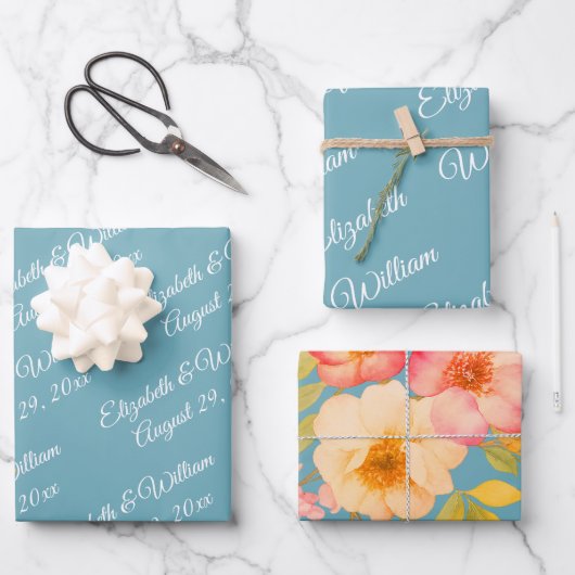  Frame with Roses, Wedding style on retro blue Inpakpapier Vel (Voorkant)