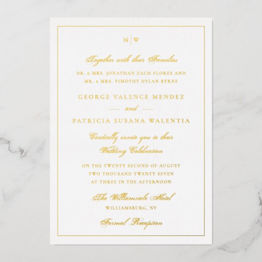 Framed Elegant Monogram Gold Foil Wedding Invite Folie Uitnodiging (Voorkant)