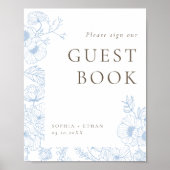 Français Blue Floral Line Art Livre d'or Poster (Devant)