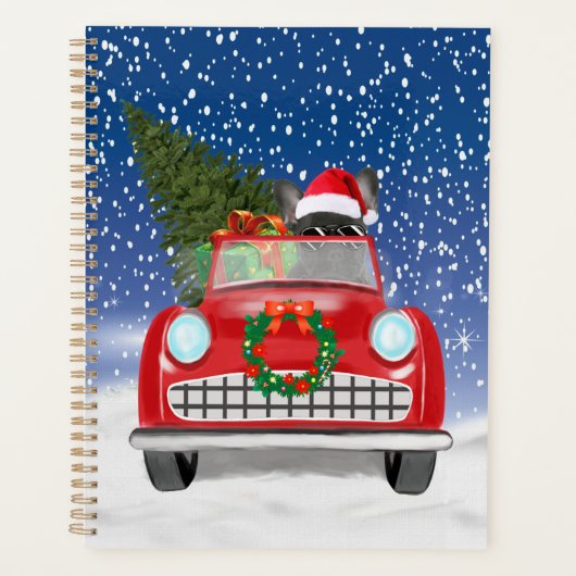 Français Bulldog Driving Car En Noël De Neige (Devant)
