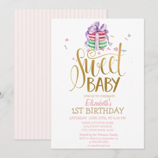 Français Macarons rayé Invitation d'anniversaire (Devant / Derrière)