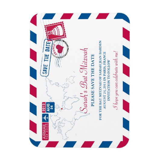 FRANCE Air Mail Bat Mitzvah Bewaar de datum 3x4 Magneet (Verticaal)