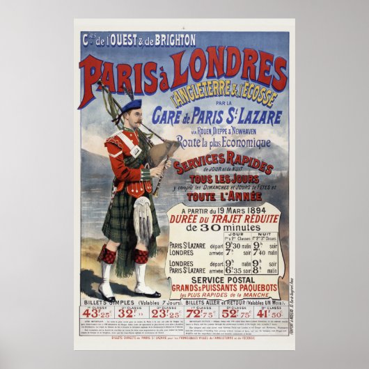 France Angleterre Vintage Railroad Travel Poster 1 (Devant)