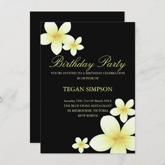 Frangipani jaune et noir Invitation d'anniversaire (Devant / Derrière)