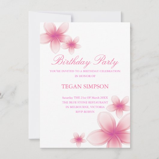 Frangipani rose et blanc Invitation d'anniversaire (Devant)