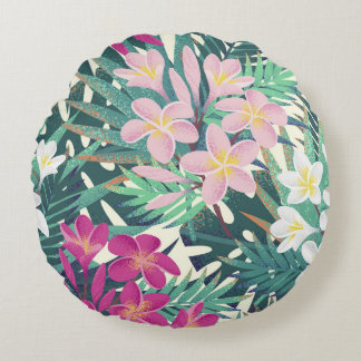 Frangipani Tropical: roze-wit . Rond Kussen
