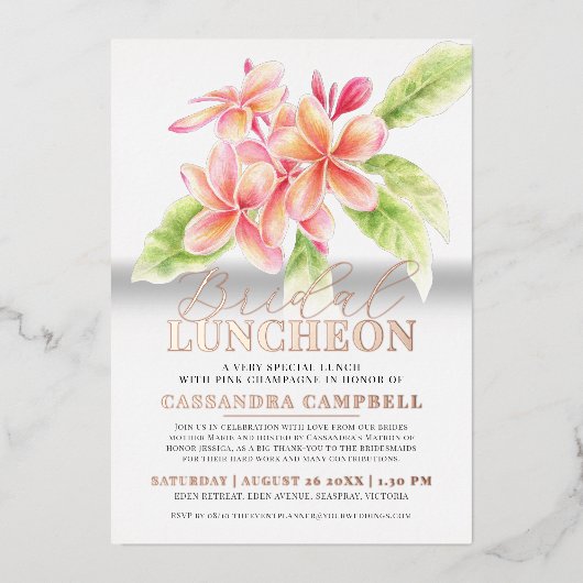 Frangipani waterverf bloemenbruidslunch folie uitnodiging (Voorkant)