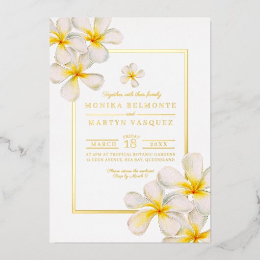 Frangipani wit goud tropische bloem kunst bruiloft folie uitnodiging (Voorkant)